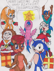 Size: 626x823 | Tagged: safe, artist:gojira007, character:firefly, character:sonic the hedgehog, oc, oc:nick, oc:sophie, g1, bilbo baggins, boots, both cutie marks, christmas, clothing, crossover, flying, g1 to g4, generation leap, glow, happy birthday, hat, holding, holly, merry christmas, miles "tails" prower, mittens, offspring, present, sally acorn, santa costume, santa hat, shipping, sonic the hedgehog (series), stars, the hobbit, wat