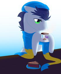 Size: 1600x1920 | Tagged: safe, artist:sparkle-bubba, character:soarin', clothing, drink, food, hot chocolate, male, pie, scarf, solo, that pony sure does love pies
