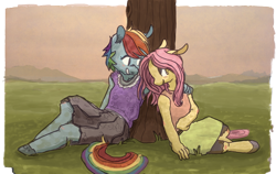Size: 900x568 | Tagged: safe, artist:shiropoint, artist:spectralunicorn, character:fluttershy, character:rainbow dash, species:anthro, species:unguligrade anthro, ship:flutterdash, g4, colored, female, lesbian, mare, shipping, tree