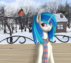 Size: 3986x3490 | Tagged: dead source, safe, artist:f13proxima, character:dj pon-3, character:vinyl scratch, species:bird, species:pony, species:unicorn, bare tree, bench, bullfinch, chimney, clothing, ear fluff, female, house, log house, robin, scarf, snow, solo, tree, window, winter