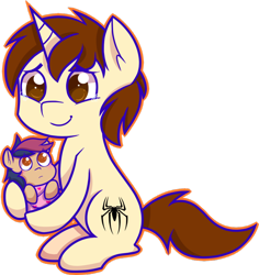 Size: 868x920 | Tagged: safe, artist:mochi--pon, oc, oc:mayday parker sparkle, parent:peter parker, parent:twilight sparkle, parents:spidertwi, species:pony, baby, baby pony, crossover, cute, father and daughter, offspring, peter parker, simple background, spider-man, spiders and magic ii: eleven months, tears of joy, transparent background