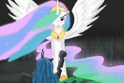 Size: 1200x800 | Tagged: safe, artist:atomicwarpin, character:princess celestia, character:queen chrysalis, species:changeling, changeling queen, female