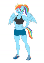 Size: 1200x1697 | Tagged: safe, artist:thecreator9, character:rainbow dash, species:anthro, belly button, breasts, busty rainbow dash, female, hand on hip, solo