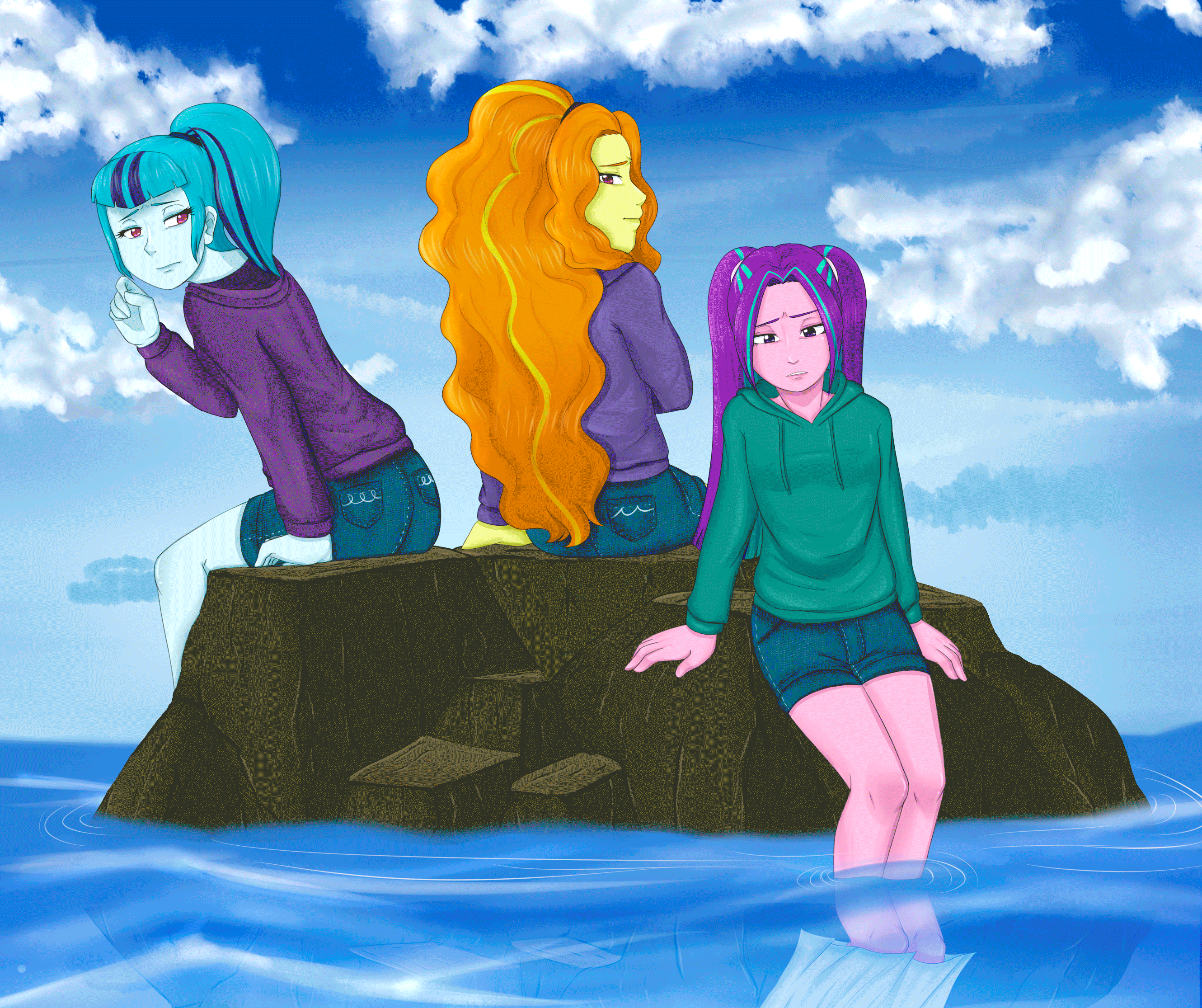 Size: 2660x2230 | Tagged: safe, artist:usagifriday, character:adagio dazzle, character:aria blaze, character:sonata dusk, my little pony:equestria girls, animated, female, nymph(mythological), sirens doing siren things