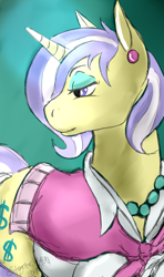 Size: 824x1392 | Tagged: safe, artist:stagetechyart, character:upper crust, species:pony, species:unicorn, eyeshadow, female, looking back, makeup, solo