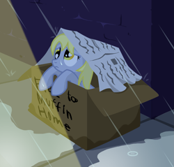 Size: 1577x1507 | Tagged: safe, artist:multiversecafe, character:derpy hooves, species:pegasus, species:pony, g4, cardboard box, derpygate, female, homeless, mare, newspaper, pony in a box, rain, sad, save derpy, solo