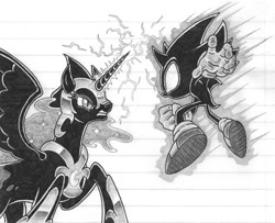 Size: 1140x925 | Tagged: dead source, safe, artist:kryptid, character:nightmare moon, character:princess luna, character:sonic the hedgehog, crossover, dark sonic, fight, lined paper, monochrome, sonic the hedgehog (series), sonic x, traditional art