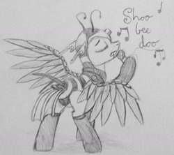 Size: 1280x1135 | Tagged: safe, artist:thedragenda, oc, oc only, oc:bee, species:changeling, bee, changeling oc, clothing, costume, eyes closed, microphone, monochrome, singing, solo, traditional art