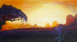 Size: 2483x1350 | Tagged: safe, artist:tridgeon, episode:read it and weep, g4, my little pony: friendship is magic, flower, mountain, oil painting, palm tree, scenery, sunset, traditional art, tree