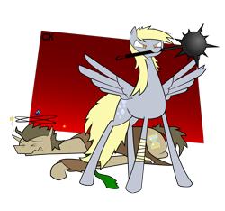 Size: 1600x1500 | Tagged: safe, artist:citrusking46, character:derpy hooves, character:doctor whooves, character:time turner, species:pegasus, species:pony, female, mace, mare, protecting