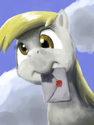 Size: 600x800 | Tagged: safe, artist:nullpotower, character:derpy hooves, species:pegasus, species:pony, female, letter, mare, mouth hold, solo