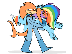 Size: 1024x768 | Tagged: safe, artist:silverscarf, character:rainbow dash, oc, species:anthro, species:plantigrade anthro, anthro oc, barefoot, butt touch, carrying, clothing, dashaholic, drunk, drunker dash, feet, hand on butt, shark, shorts, soles, toes