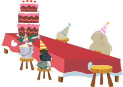 Size: 900x632 | Tagged: safe, artist:spaceponies, episode:party of one, g4, my little pony: friendship is magic, bucket, cake, clothing, dust bunny, food, hat, madame leflour, mr. turnip, no pony, party hat, rock, rocky, sack, simple background, sir lintsalot, stool, table, tablecloth, transparent background, turnip, vector