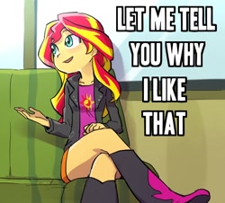 Size: 552x500 | Tagged: safe, artist:baekgup edits, edit, character:sunset shimmer, my little pony:equestria girls, boots, caption, clothing, couch, exploitable meme, high heel boots, jacket, leather jacket, meme, raised leg, reaction image, sun, text
