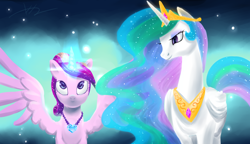 Size: 5000x2879 | Tagged: safe, artist:bluest-ayemel, character:princess cadance, character:princess celestia, species:alicorn, species:pony, my little pony chapter books, ascension, collar, looking up, magic, necklace, princess celestia's special princess making dimension, smiling, spread wings, twilight sparkle and the crystal heart spell, wings