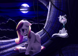 Size: 4133x3000 | Tagged: safe, artist:bluest-ayemel, character:princess cadance, species:pegasus, species:pony, species:unicorn, my little pony chapter books, cape, clothing, crying, horn, mare in the moon, moon, night, pegasus cadance, prismia, tree, twilight sparkle and the crystal heart spell