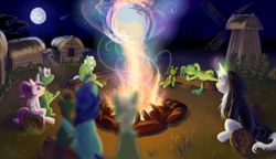 Size: 4999x2874 | Tagged: safe, artist:bluest-ayemel, character:princess cadance, character:princess celestia, character:princess luna, oc, species:pegasus, species:pony, species:unicorn, my little pony chapter books, bonfire, fire, magic, mare in the moon, moon, night, pegasus cadance, prismia, twilight sparkle and the crystal heart spell, windmill