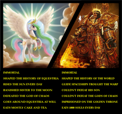 Size: 830x780 | Tagged: safe, artist:br0ny, character:princess celestia, species:alicorn, species:pony, comparison, female, flaming sword, god-emperor of mankind, inaccurate, male, mare, meme, sword, the emperor of mankind, warhammer (game), warhammer 40k, weapon