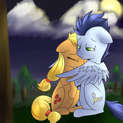 Size: 1500x1500 | Tagged: safe, artist:lilfaux, character:applejack, character:soarin', species:earth pony, species:pegasus, species:pony, ship:soarinjack, comforting, crack shipping, crying, female, floppy ears, hatless, hug, male, mare, missing accessory, shipping, spread wings, stallion, straight, winghug, wings
