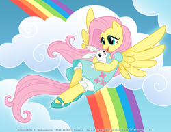 Size: 800x619 | Tagged: safe, artist:patchwerk-kw, character:angel bunny, character:fluttershy, clothing, cloud, cloudy, dress, flying, happy, mary janes, rainbow