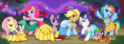 Size: 1329x480 | Tagged: safe, artist:patchwerk-kw, character:applejack, character:fluttershy, character:pinkie pie, character:rainbow dash, character:rarity, character:spike, character:twilight sparkle, ariel, belle, cinderella, clothing, costume, disney, dress, jasmine, mane seven, midriff, parody, pocahontas, rajah, seashell, snow white, squaw dash