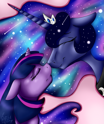 Size: 787x939 | Tagged: dead source, safe, artist:baffleddingo, character:princess luna, character:twilight sparkle, boop, comet, eyes closed, female, floppy ears, maternaluna, mother and child, mother and daughter, noseboop, nuzzling, smiling