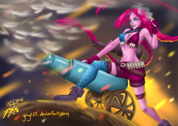 Size: 4092x2893 | Tagged: safe, artist:zakurarain, character:pinkamena diane pie, character:pinkie pie, species:anthro, cannon, female, human facial structure, jinx (league of legends), league of legends, solo