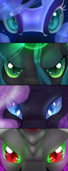 Size: 1024x2560 | Tagged: safe, artist:neko-luvz, part of a set, character:king sombra, character:nightmare moon, character:nightmare rarity, character:princess luna, character:queen chrysalis, character:rarity, species:pony, antagonist, cutie mark eyes, ethereal mane, eye, eyes, female, galaxy mane, helmet, lidded eyes, looking at you, male, mare, persona eyes, stallion, wingding eyes