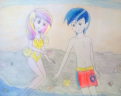 Size: 1005x795 | Tagged: safe, artist:little-miss-oshawott, character:princess cadance, character:shining armor, my little pony:equestria girls, beach, clothing, rock, shell, swimming trunks, swimsuit, topless, traditional art, yellow swimsuit