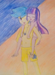 Size: 765x1044 | Tagged: safe, artist:little-miss-oshawott, character:comet tail, character:twilight sparkle, ship:cometlight, my little pony:equestria girls, beach, belly button, bikini, clothing, equestria girls-ified, piggyback ride, shipping, swimsuit, topless, traditional art