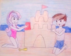 Size: 1011x791 | Tagged: safe, artist:little-miss-oshawott, character:pipsqueak, character:sweetie belle, ship:sweetiesqueak, my little pony:equestria girls, beach, belly button, clothing, date, female, male, one-piece swimsuit, sandcastle, shipping, straight, swim trunks, swimsuit, topless, traditional art