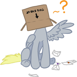 Size: 574x573 | Tagged: safe, artist:blackfeathr, character:derpy hooves, species:pegasus, species:pony, box, cute, derpabetes, female, mail, mare, ponibooru, question mark, simple background, sitting, solo, transparent background