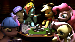 Size: 1920x1080 | Tagged: safe, alternate version, artist:yutogashi, character:angel bunny, character:applejack, character:fluttershy, character:pinkie pie, character:rainbow dash, character:rarity, character:twilight sparkle, 3d, carrot, crowd, gambling, magic, mane six, playing card, poker, poker chips, poker table, shadow, source filmmaker