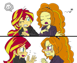 Size: 651x536 | Tagged: safe, artist:baekgup edits, edit, character:adagio dazzle, character:sunset shimmer, my little pony:equestria girls, angry, blushing, colored, comic, crying, singing, sweat