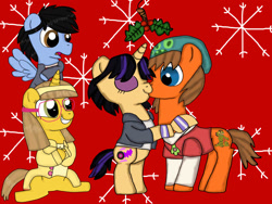 Size: 1024x768 | Tagged: safe, artist:dulcechica19, character:fhtng th§ ¿nsp§kbl, character:honey lemon, species:pony, big hero 6, bipedal, christmas, gogo tomago, hiro hamada, holly, holly mistaken for mistletoe, kissing, ponified, shipping