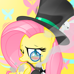 Size: 1900x1900 | Tagged: safe, artist:sunyup, character:angel bunny, character:fluttershy, clothing, hat, monocle and top hat, pipe