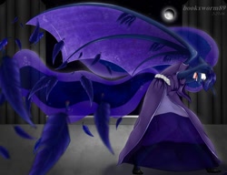 Size: 1024x786 | Tagged: safe, artist:bookxworm89, character:nightmare moon, character:princess luna, species:anthro, clothing, crying, dress, feather, moon, solo, transformation