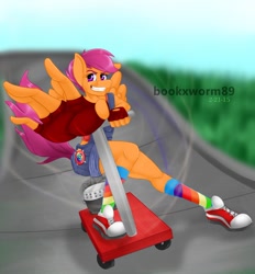 Size: 1024x1105 | Tagged: safe, artist:bookxworm89, character:scootaloo, species:anthro, clothing, female, older, overalls, rainbow socks, scooter, socks, solo, striped socks