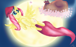 Size: 1478x921 | Tagged: safe, artist:fra-92, character:fluttershy, species:pegasus, species:pony, backlighting, butterfly, christmas, clothing, female, flying, full moon, hat, holiday, mare, moon, santa hat, santa sack, smiling, solo, spread wings, swarm, wings