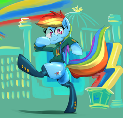 Size: 1680x1610 | Tagged: safe, artist:chrischin, character:rainbow dash, species:pegasus, species:pony, abstract background, bipedal, boots, clothing, female, mare, medals, rainbow, semi-anthro, shoes, solo, uniform, walking