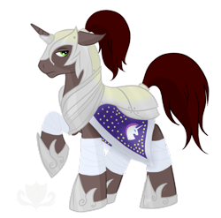 Size: 899x888 | Tagged: safe, artist:stagetechyart, oc, oc only, oc:mana fall, species:pony, species:unicorn, armor, floppy ears, horn, looking back, male, raised hoof, simple background, solo, stallion, transparent background, unicorn oc, unicorn tribe, unicornia