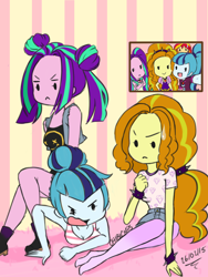 Size: 3000x4000 | Tagged: safe, artist:chibicmps, character:adagio dazzle, character:aria blaze, character:sonata dusk, character:sunset shimmer, my little pony:equestria girls, cleavage, clothing, female, missing shoes, nirvana, pantyhose, smiley face, tank top, the dazzlings