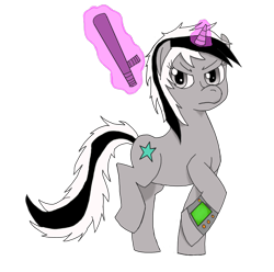 Size: 900x892 | Tagged: safe, artist:elvis-lopez, artist:wildfirethesmug, oc, oc only, oc:seren starfall, species:pony, species:unicorn, fallout equestria, baton, cutie mark, fallout equestria: hidden enemies, female, frown, glare, glowing horn, horn, levitation, looking at you, magic, mare, pipbuck, raised hoof, raised leg, simple background, telekinesis, transparent background, vector