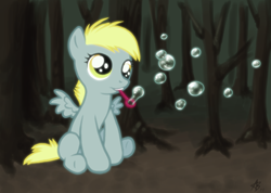 Size: 1140x810 | Tagged: safe, artist:blackfeathr, character:derpy hooves, species:pegasus, species:pony, fanfic:bubbles, bubble, fanfic, female, filly, solo