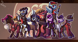 Size: 2000x1081 | Tagged: safe, artist:bonbrony, character:applejack, character:berry punch, character:berryshine, character:big mcintosh, character:pinkie pie, character:rainbow dash, character:rarity, character:shining armor, character:twilight sparkle, species:earth pony, species:pony, archimedes, crossover, demoberry, demoman, engiejack, engineer, heavy mac, heavy weapons guy, male, medic, pinkie pyro, pyro, rainbow scout, rarispy, scout, shining soldier, sniper, soldier, spy, stallion, team fortress 2, twi medic