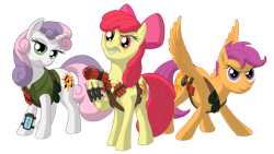 Size: 1920x1080 | Tagged: safe, artist:nebulastar985, character:apple bloom, character:scootaloo, character:sweetie belle, species:earth pony, species:pegasus, species:pony, species:unicorn, alternate cutie mark, bow, cutie mark crusaders, dynamite, female, filly, grenade, grin, hair bow, hoof hold, smiling, this will end in explosions, this will end in tears