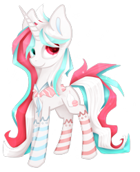Size: 961x1181 | Tagged: safe, artist:zmei-kira, oc, oc only, species:pony, species:unicorn, clothing, heterochromia, socks, solo, striped socks