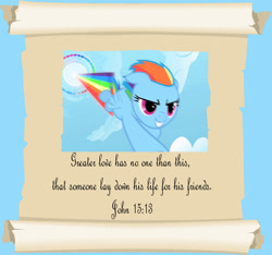 Size: 1805x1687 | Tagged: safe, artist:gennadykalugina, edit, screencap, character:rainbow dash, bible, bible verse, christianity, quote, religion, religious headcanon, text