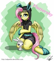 Size: 702x798 | Tagged: safe, artist:calyartist, character:angel bunny, character:fluttershy, species:pegasus, species:pony, bunny ears, clothing, costume, dangerous mission outfit, female, goggles, hoodie, looking at you, mare, semi-anthro, smiling, solo