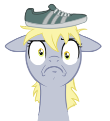 Size: 600x660 | Tagged: safe, artist:blackfeathr, character:derpy hooves, species:pegasus, species:pony, faec, female, frown, glare, mare, moot, parody, shoe on head, shoes, simple background, solo, transparent background